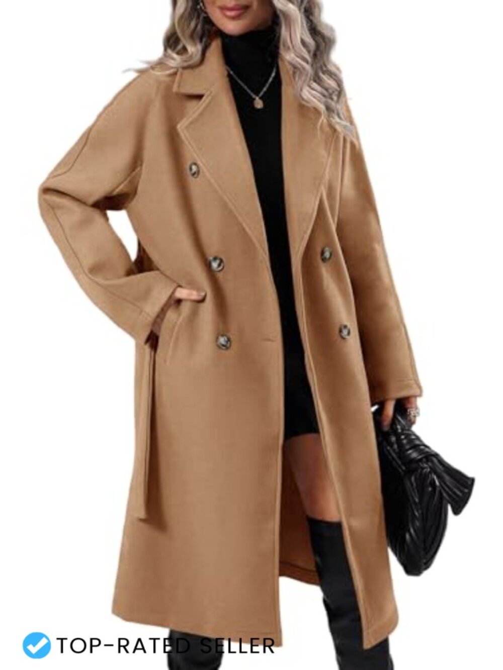 Women Wool Pea Coat Double-Breasted Notch Lapel Mid-Length Winter
